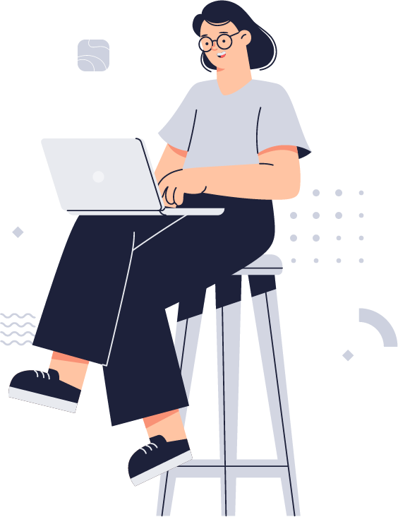 An illustration of a person with glasses sitting on a bar stool with a laptop in their lap. They're smiling while using the computer.
